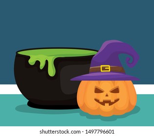 cauldron pumpkin trick or treat - happy halloween party vector illustration