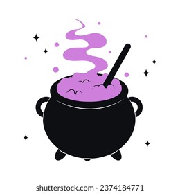 Cauldron with purple witch poison. Scary Devils Cauldron Halloween Decoration. Vector cute illustration of black witch pot in trendy colors for postcard, flyer, banner. Happy Halloween.