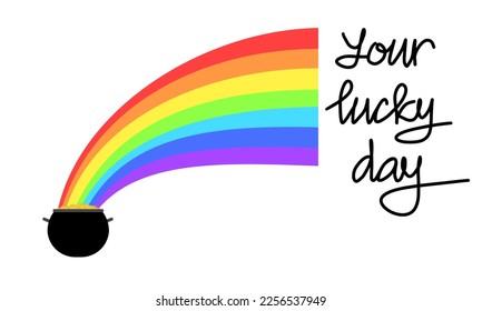 Cauldron, rainbow and gold coins. You lucky day. Vector illustraiton for banner or card. 