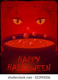 Cauldron with red potion and bubbles on Halloween background with witches eyes, illustration.