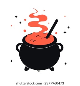 Cauldron with red witch poison. Scary Devils Cauldron Halloween Decoration. Vector cute illustration of black witch pot in trendy colors for postcard, flyer, banner. Happy Halloween.