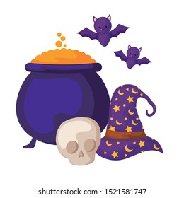 cauldron with set icons halloween vector illustration design