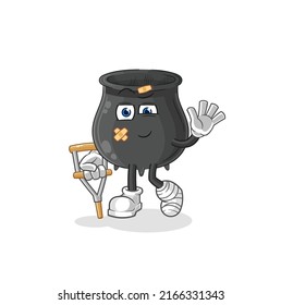 the cauldron sick with limping stick. cartoon mascot vector