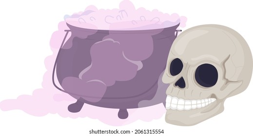 Cauldron and skull semi flat color vector item. Creepy decor. Realistic object on white. Spooky Halloween decoration isolated modern cartoon style illustration for graphic design and animation