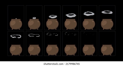 Cauldron with smoke explosion sequence animation. design element sprite sheet for video game, wizard poison isolated Cartoon vector set.