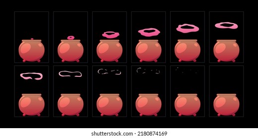 Cauldron with smoke explosion sequence animation. design element sprite sheet for video game, wizard poison isolated Cartoon vector set.