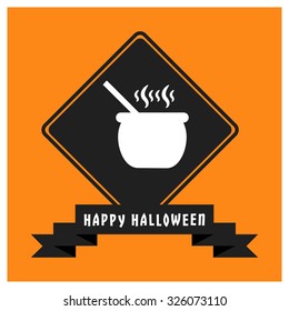 Cauldron soup cooking icon. Black Happy Halloween Ribbon Banner on Orange background. Vector illustration