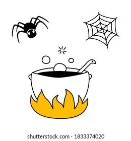Cauldron y telaraña en estilo de dibujo de doodle. Icono de Halloween
