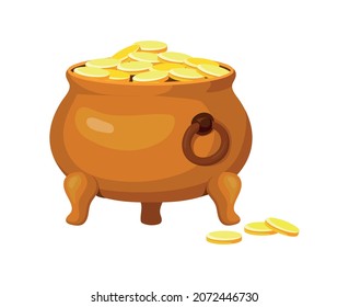 El tesoro de Cauldron. Bota de dibujos animados o hervidor de agua con moneda de oro o tesoros para ui game, vector de dibujos animados aislado sobre fondo blanco