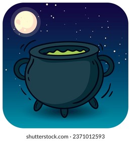 cauldron vector icon with  background a night with a full moon