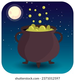cauldron vector icon with  background a night with a full moon