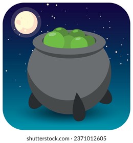 cauldron vector icon with  background a night with a full moon