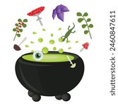 Cauldron with witchs potion and ingredients. Vector illustration on white background.