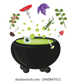 Caldero con poción de brujas e ingredientes. Ilustración vectorial sobre fondo blanco.