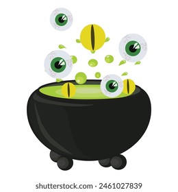 Cauldron with witchs potion and ingredients. Vector illustration on white background.