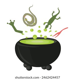 Cauldron with witchs potion and ingredients. Vector illustration on white background.