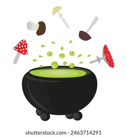 Cauldron with witchs potion and ingredients. Vector illustration on white background.