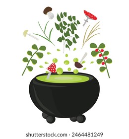 Cauldron with witchs potion and ingredients. Vector illustration on white background.
