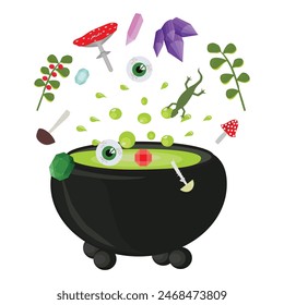 Caldero con poción de brujas e ingredientes. Ilustración vectorial sobre fondo blanco.