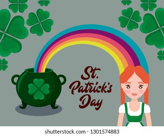 cauldron with woman irish and rainbow of st patrick day