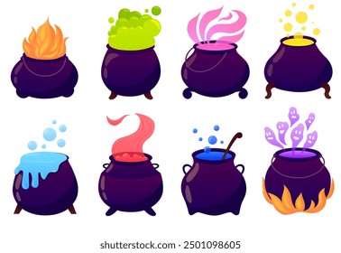 Cauldrons set of vector illustrations. Witch collection of Halloween kettle with potions. Witchcraft