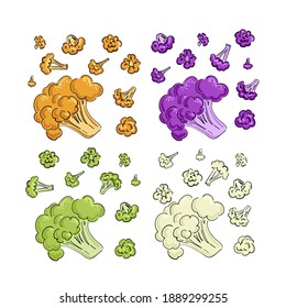 Cauliflower and broccoli cabbage drawn cartoon. White background. Hand drawn doodles. Vegetables, healthy natural products. Vegan salad. Set of illustrations. Prepare food for restaurants and menu.