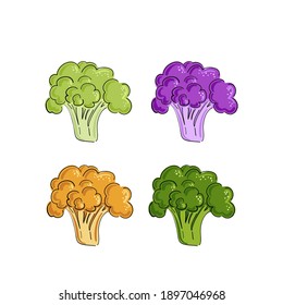Cauliflower and broccoli cabbage drawn cartoon. White background. Hand drawn doodles. Vegetables, healthy natural products. Vegan salad. Set of illustrations. Prepare food for restaurants and menu.

