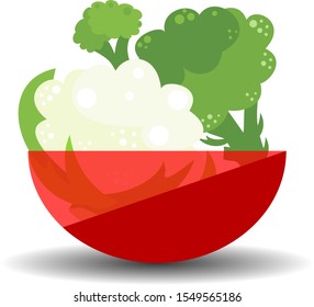 Cauliflower and broccoli heads in a red transparent bowl. Vector graphic illustration with shadow.