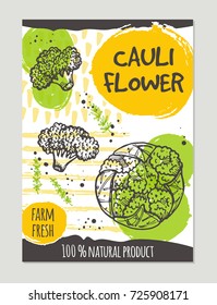 Cauliflower brochure concept design. Retro background. Hand drawn vector illustration. Can be used for street festival, farmers market, country fair, shop, menu, cafe, restaurant, poster, banner.