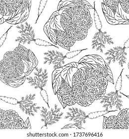 Cauliflower and carrots. Healthy and delicious vegetables. Vector seamless pattern. Outlines illustration.