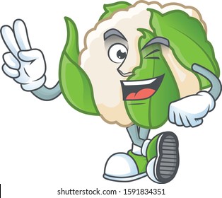 Cauliflower Cartoon Mascot Style Two Fingers Stock Vector (Royalty Free