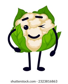 Cauliflower cartoon personage with winking facial expression and smiling face. Isolated veggie with hands and legs, organic vegetable. Sticker or emoji, emoticon for social media. Vector in flat style