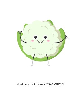 Cauliflower cute character cartoon hand greeting smiling face happy joy vegetable cabbage emotions icon vector illustration.