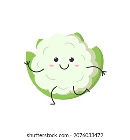 Cauliflower cute character cartoon running smiling face happy joy vegetable cabbage emotions icon vector illustration.