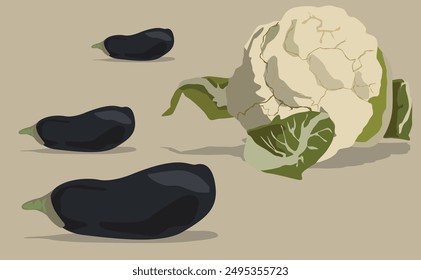 Cauliflower and eggplants on brawn background.