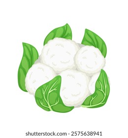 Cauliflower with green leaves in flat design. Natural cabbage vegetable. Vector illustration isolated.