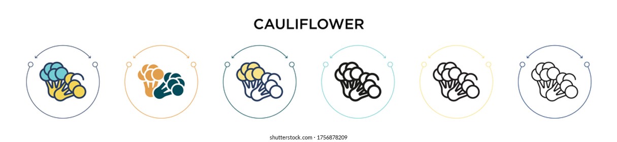 Icono de coliflor en el estilo relleno, delgado, contorno y trazo. Ilustración vectorial de dos diseños de vectores de coliflor de color y negro se pueden utilizar para móviles, ui, web