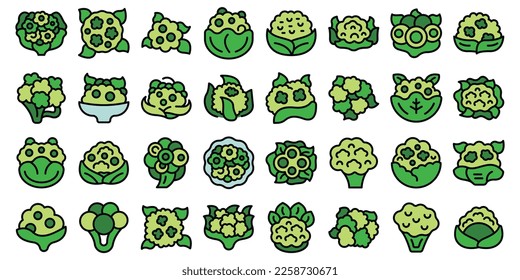 Cauliflower icons set outline vector. Cabbage food. Vegetable salad color line on white isolated