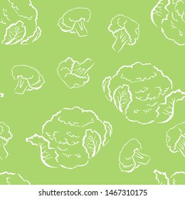 Cauliflower outline seamless pattern on green background. Simple vector monochrome illustration of vegetable. 