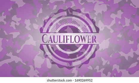 Cauliflower pink and purple written on a camo texture. Vector Illustration. Detailed.