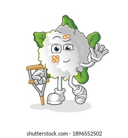 cauliflower sick with limping stick character. cartoon mascot vector