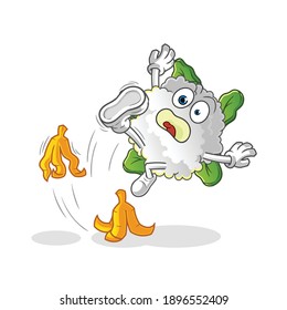 cauliflower slipped on banana character. cartoon mascot vector