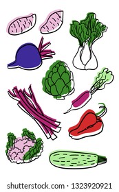 Cauliflower, sweet potatoes, artichoke, rhubarb, radish. Set of hand drawn colored vegetables. Isolated on white background and grouped for easy selection. Design elements, stickers or poster.