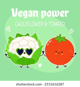 Cauliflower and tomato card. Vector hand drawn doodle style cartoon character illustration icon design. Happy Cauliflower and tomato friends concept card