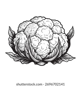 Blumenkohl Gemüsekopf mit Blättern Zeichnung in Gravur Stil schwarz-weiß Linie Kunst Skizze einzeln auf weißem Hintergrund organische frische Lebensmittelzutat