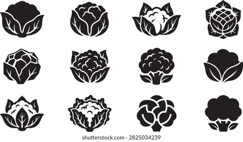 Cauliflower vegetable icon set with black and white designs in varied artistic line art styles