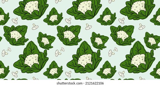 Cauliflower entero y rodajas, hermoso patrón vectorial sin costuras. Fruta, apta para tapicería, página web de antecedentes alimentarios, texturas superficiales, textiles. Estilo de caricatura dibujado a mano.