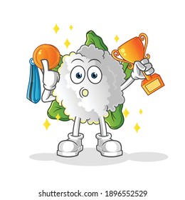 cauliflower winner with trophie and medal vector. cartoon character