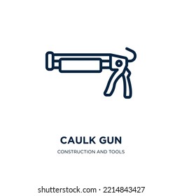 icono de cañón de caulk de la construcción y colección de herramientas. Ametralladora lineal delgada, pistola, icono de contorno de reparación aislado en fondo blanco. Signo de cañón de caulk vector de línea, símbolo para web y móvil