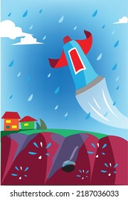 Caulking or Sealant Agent Superhero mascot rescues a roof with hole from raindrops. Editable Clip Art.